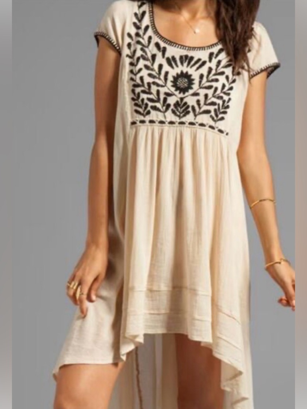Free People Cream High-Low Dress with Black Embroidery